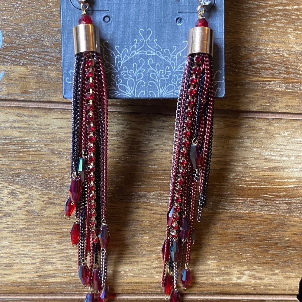 Red Crystals and Gold long Tassel Statement Earrings